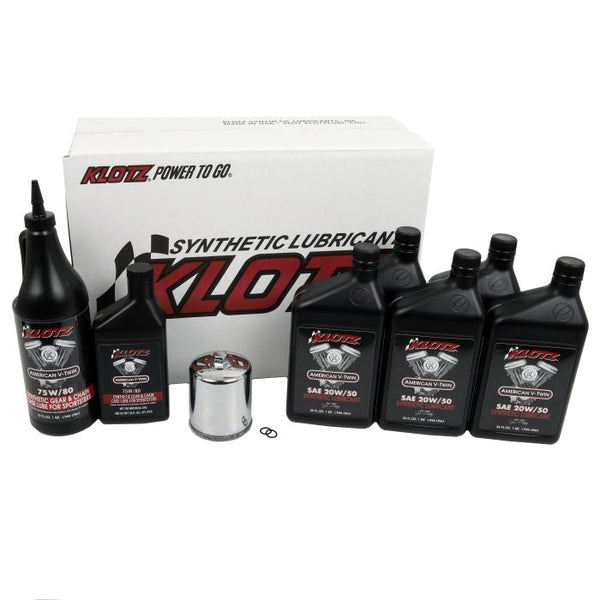 Klotz Oil Change Kit - Harley Evolution Sportster, Synthetic 20W-50 w/ Chrome Filter, Complete Kit (Premium tier) (KH-110)