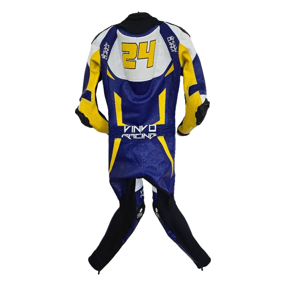Custom Cowhide Leather Race Suit, blue, yellow and white, back with number 24 design 3
