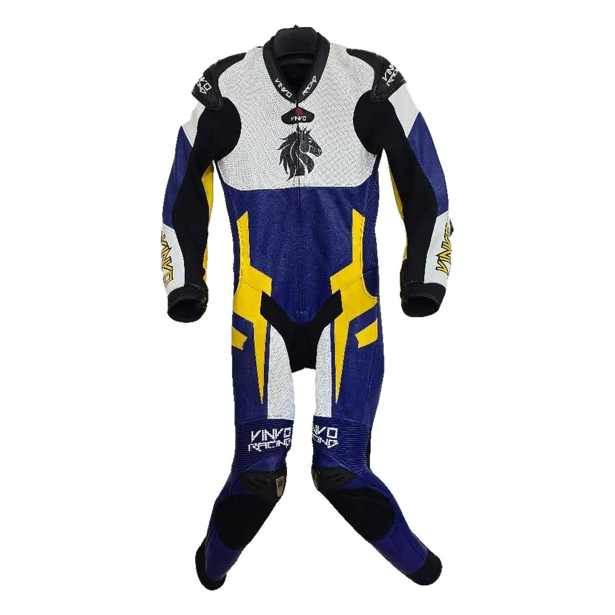 Custom Cowhide Leather Race Suit, blue, yellow and white, front design 2