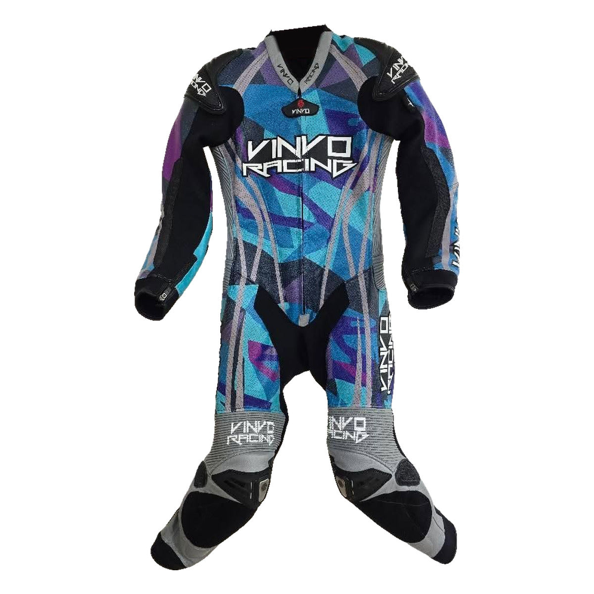Custom Kangaroo Leather Race Suit, teal, purple and grey, front design 2