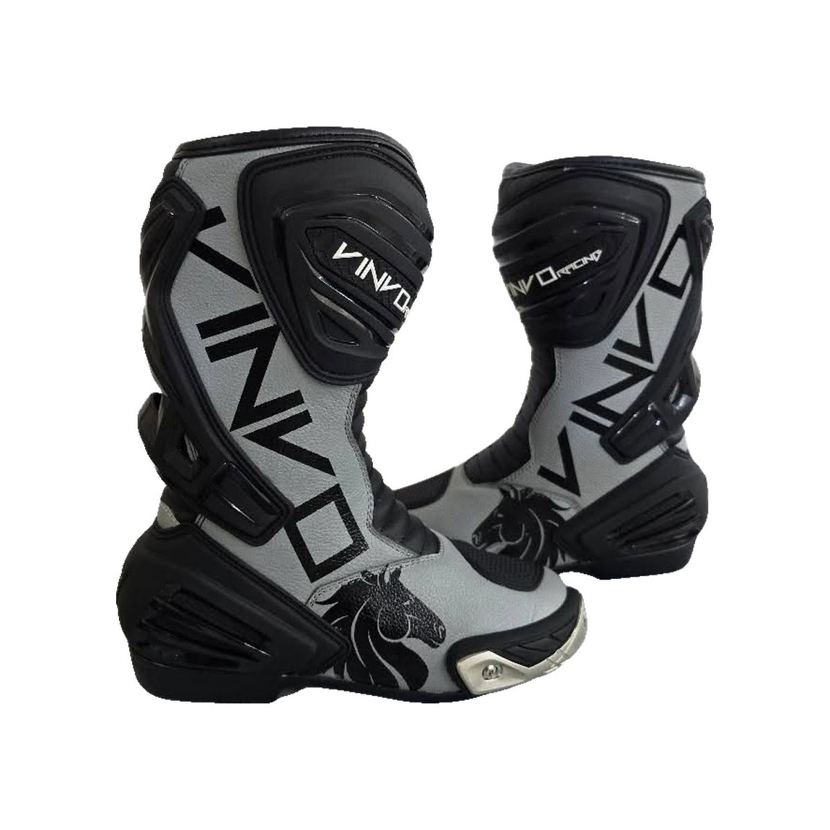 Custom Race Boots, grey and black with the Vinvo horse design 1