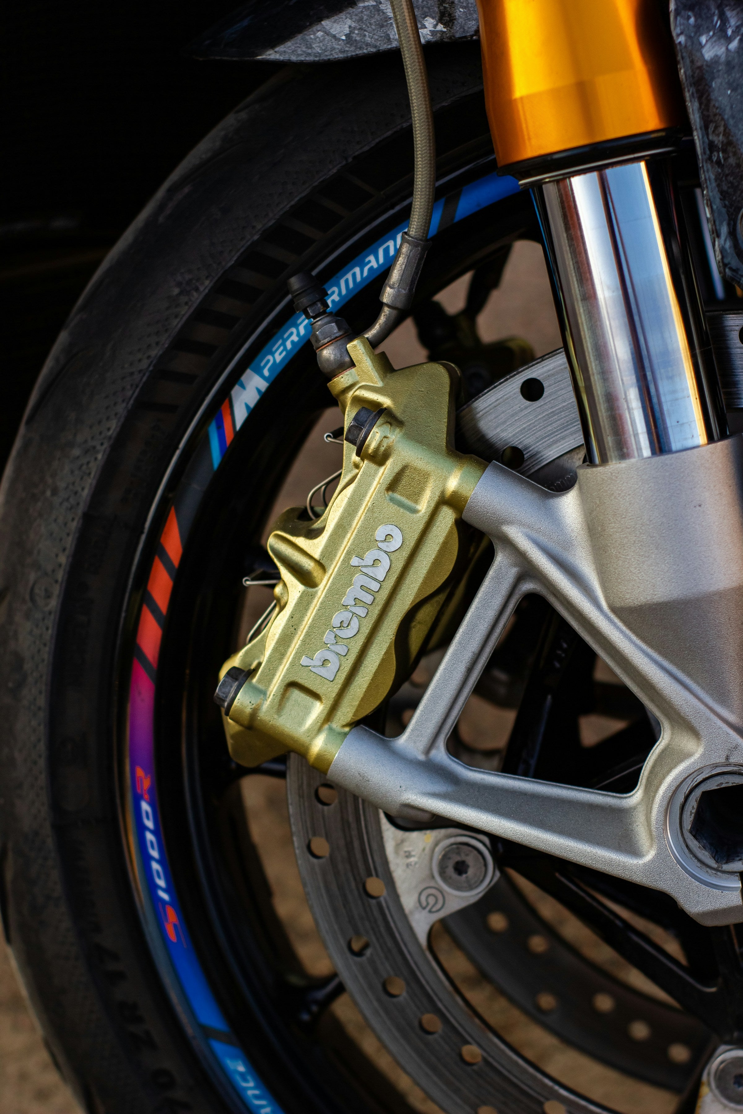 Motorcycle brake caliper close-up