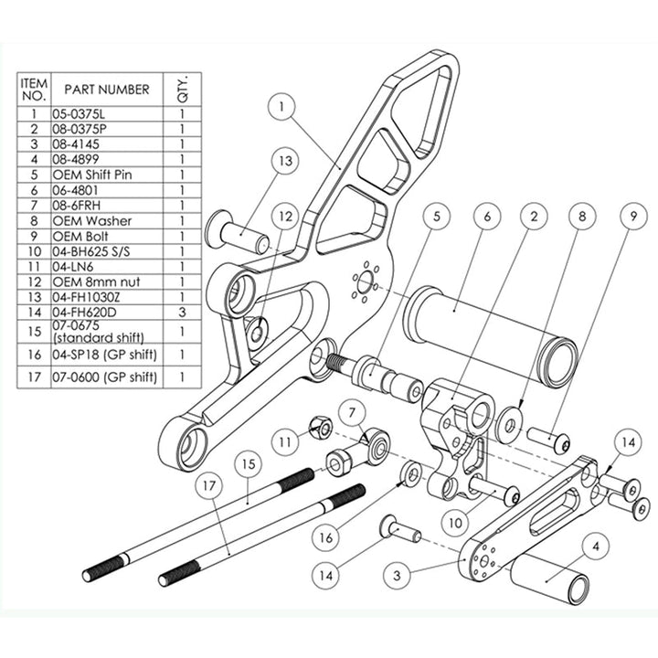 Woodcraft Honda CBR250R/300R Complete Adjustable Rearset - STD Shift
