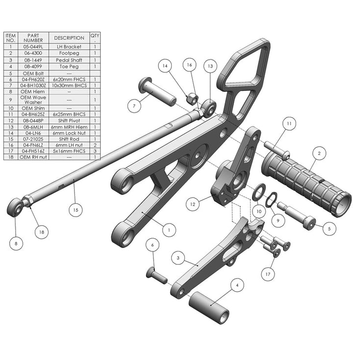 Woodcraft 2006-16 Yamaha R6 Rearset - STD Shift