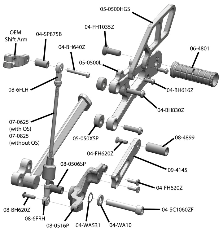 Woodcraft Triumph 765 Street Triple Complete Rearset Kit w/ Pedals - GP Shift w/ Aftermarket Push QS