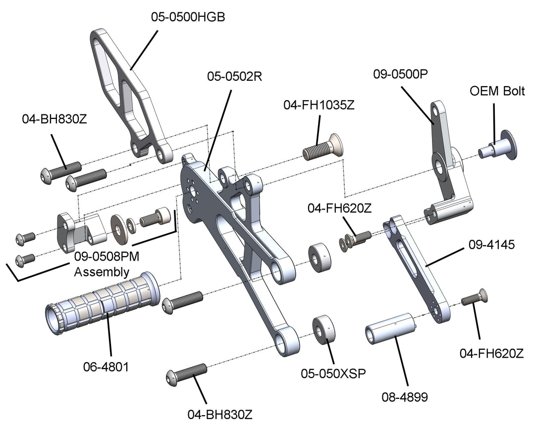 Woodcraft Triumph 765 Street Triple Complete Rearset Kit w/ Pedals - GP Shift w/ Aftermarket Push QS