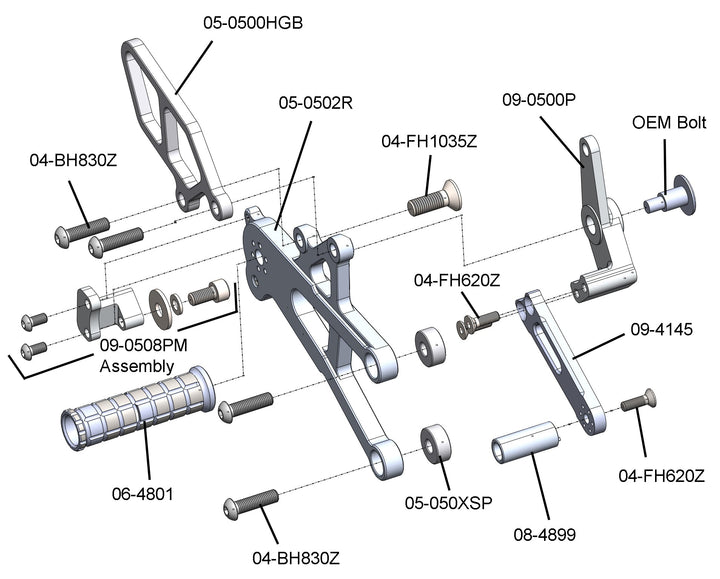 Woodcraft Triumph 765 Street Triple Complete Rearset Kit w/ Pedals - GP Shift w/ Aftermarket Push QS