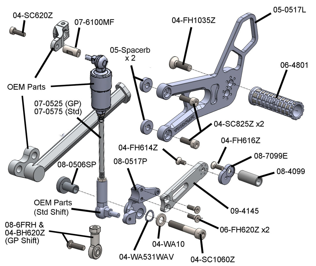 Woodcraft Triumph 765 Street Triple STD Shift Rearset with Sprocket Cover