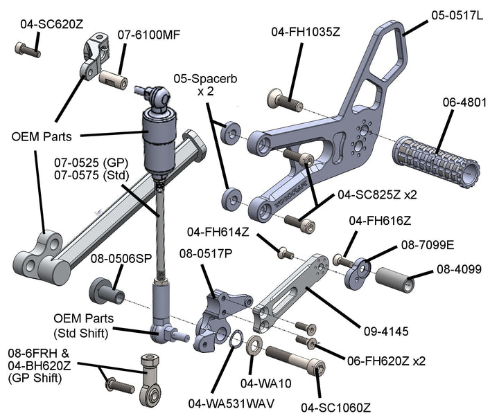 Woodcraft Triumph 765 Street Triple STD Shift Rearset with Sprocket Cover