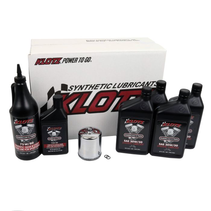 Klotz Oil Change Kit - Harley Evolution Sportster, Synthetic 20W-50 w/ Chrome Filter (KH-104)
