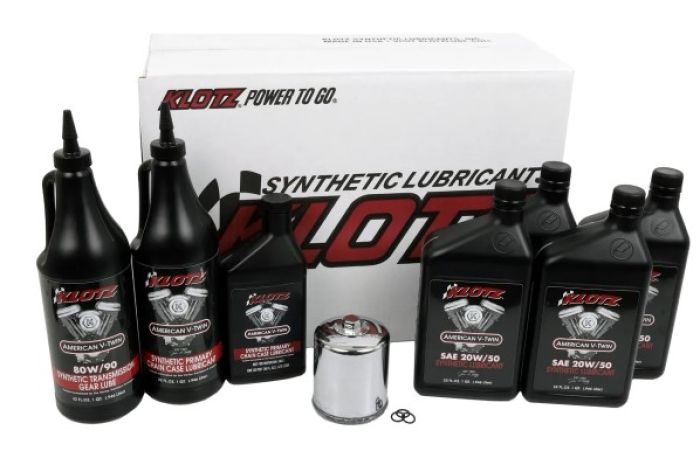 Klotz Oil Change Kit - Harley Twin Cam &amp; Milwaukee-Eight, Synthetic 20W-50 w/ Chrome Filter, 4 qt Complete Engine/Primary/Transmission Kit (KH-100)
