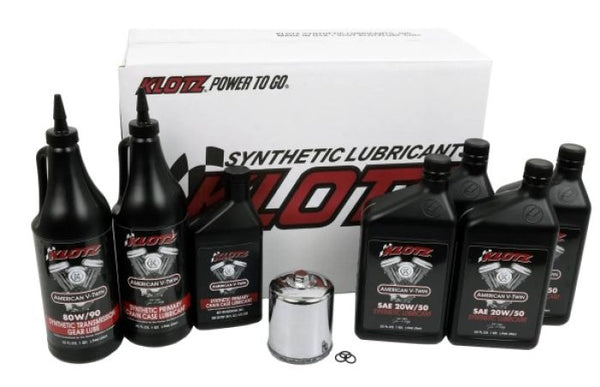Klotz Oil Change Kit - Harley Twin Cam & Milwaukee-Eight, Synthetic 20W-50 w/ Chrome Filter, 4 qt Complete Engine/Primary/Transmission Kit (KH-100)