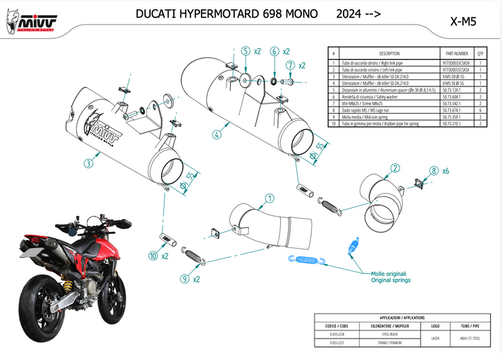 MIVV MX-5 Black Steel Carbon Tip Slip-On Exhaust (D.055.LC5B) for 2024-2026 Ducati Hypermotard 698 Mono