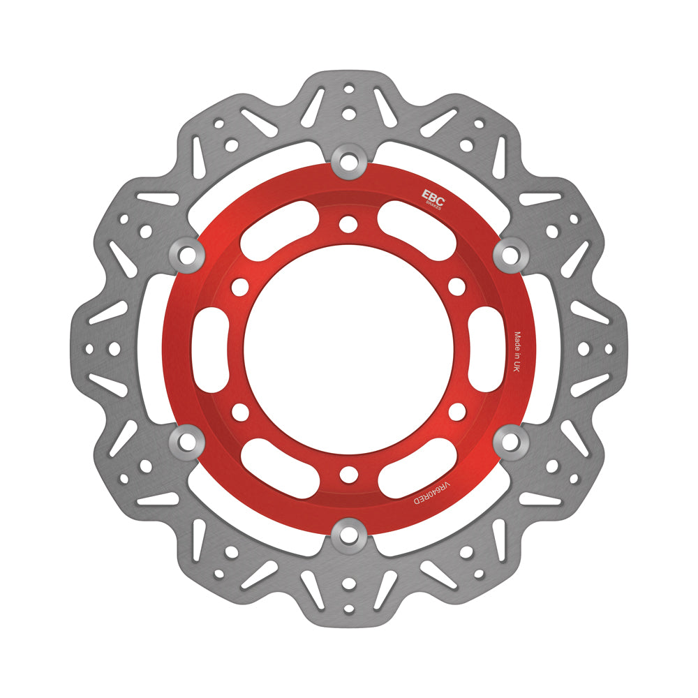 EBC 1992 Triumph Hinckley Daytona 750 3 cyl Front Left/Right Vee Floating Rotor — VR640 — Red hub