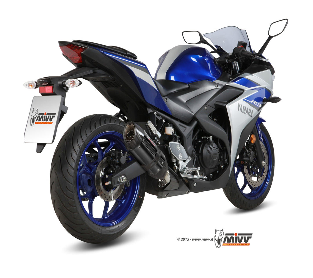 MIVV Suono Black Slip-On Exhaust with Carbon Caps (Y.048.L9) for 2015-2022 Yamaha YZF-R3