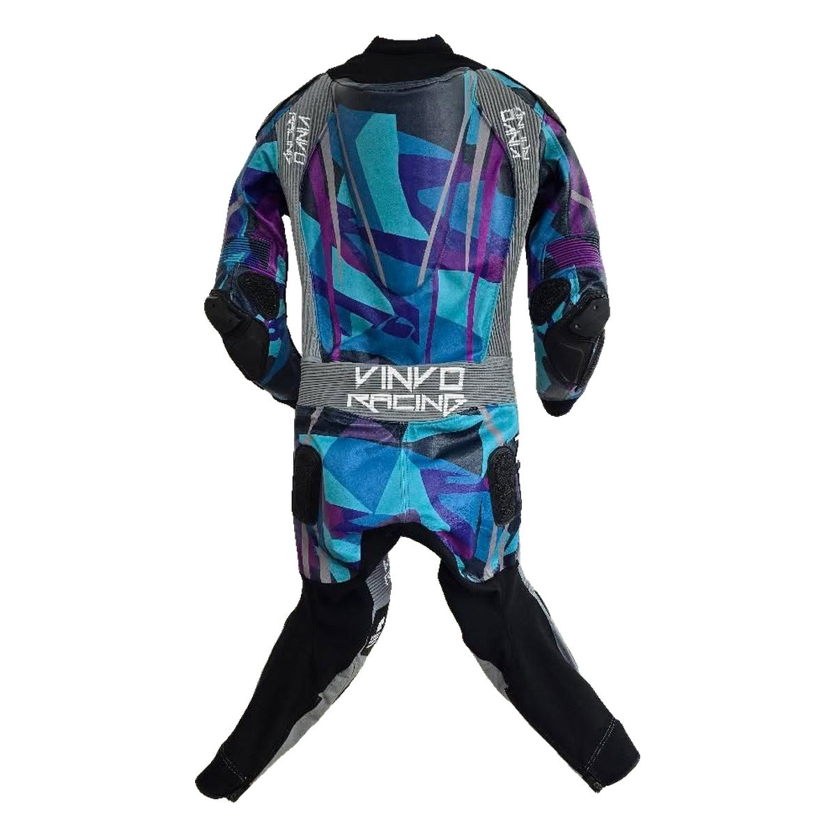 Custom Kangaroo Leather Race Suit, teal, purple and grey, back design 3